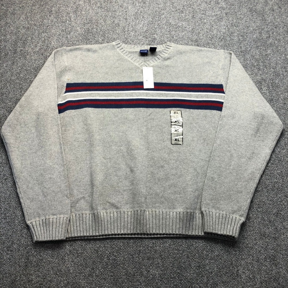 Basic Editions Mens XL V-Neck Sweater Gray Cotton Striped Long Sleeve